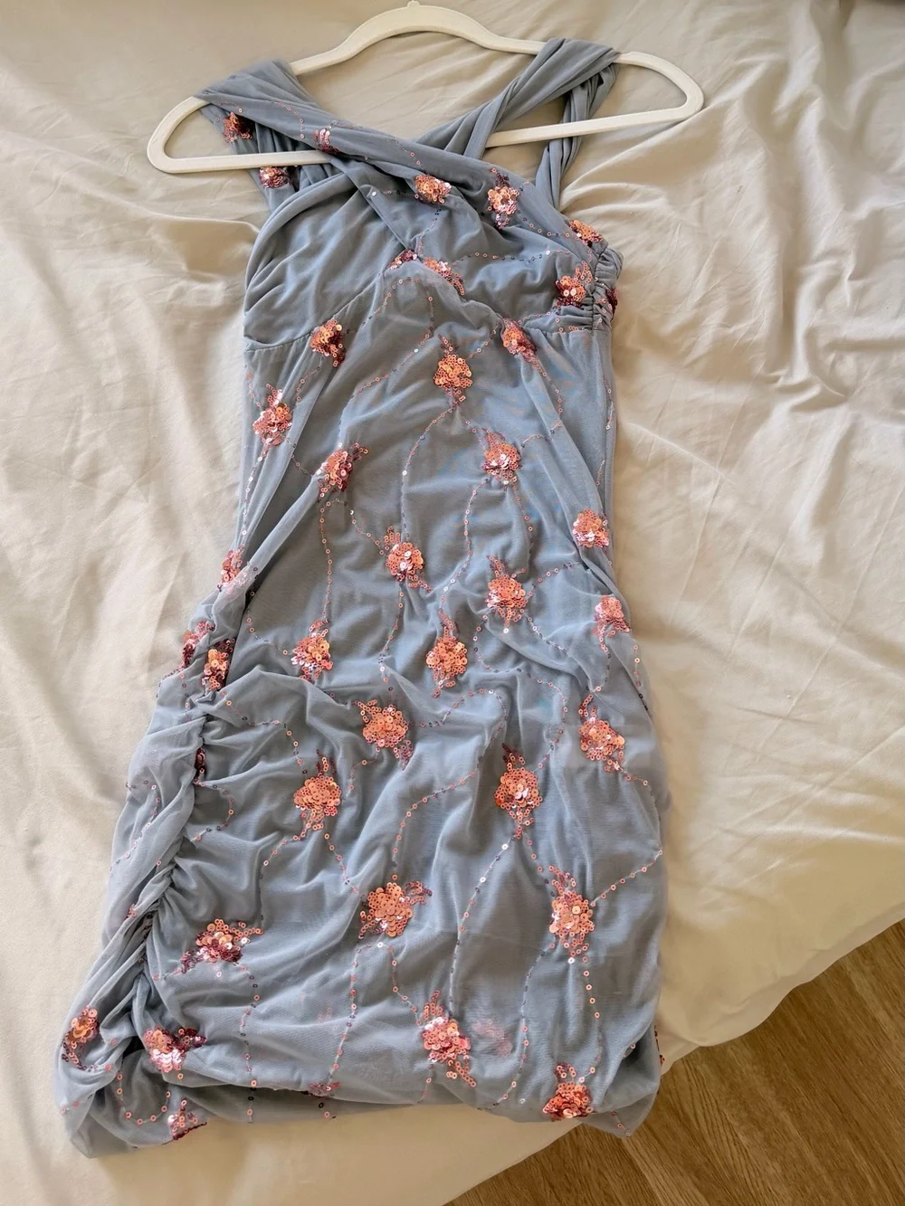 Zara Light Blue Dress with Pink Sequin Flowers